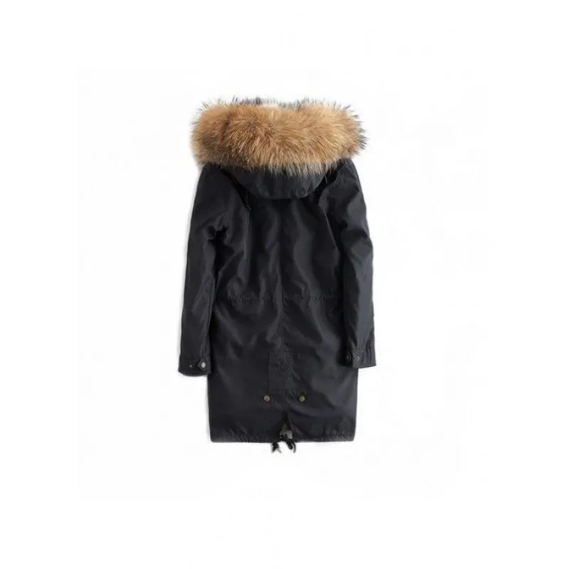 Women's Black Real Raccoon Fur Lining Parka Detachable Hooded Coat