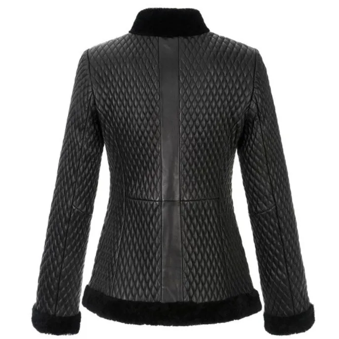 Women's Quilted Black Fur Leather Jacket