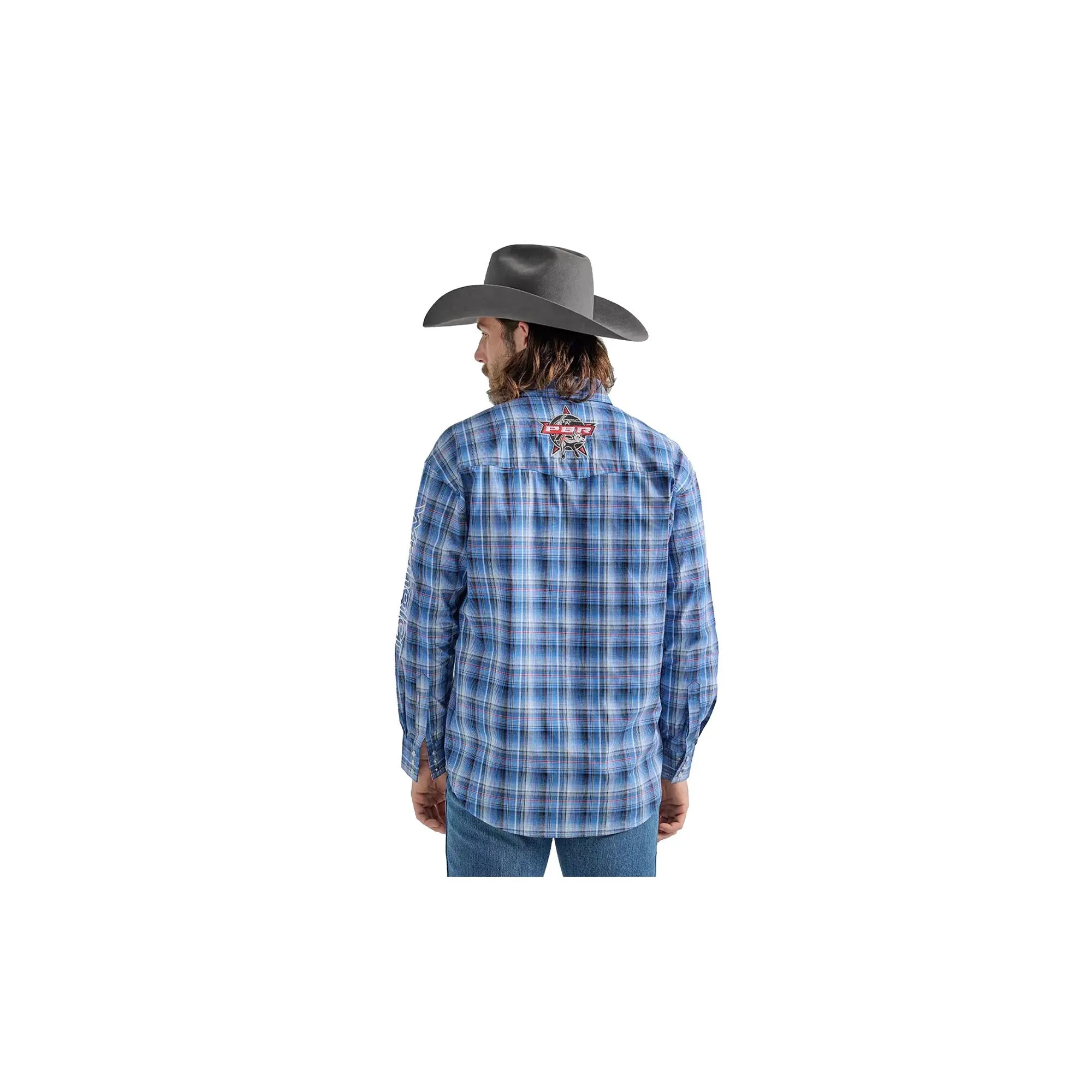 Wrangler Western LS Logo Shirt PBR Plaid Blue